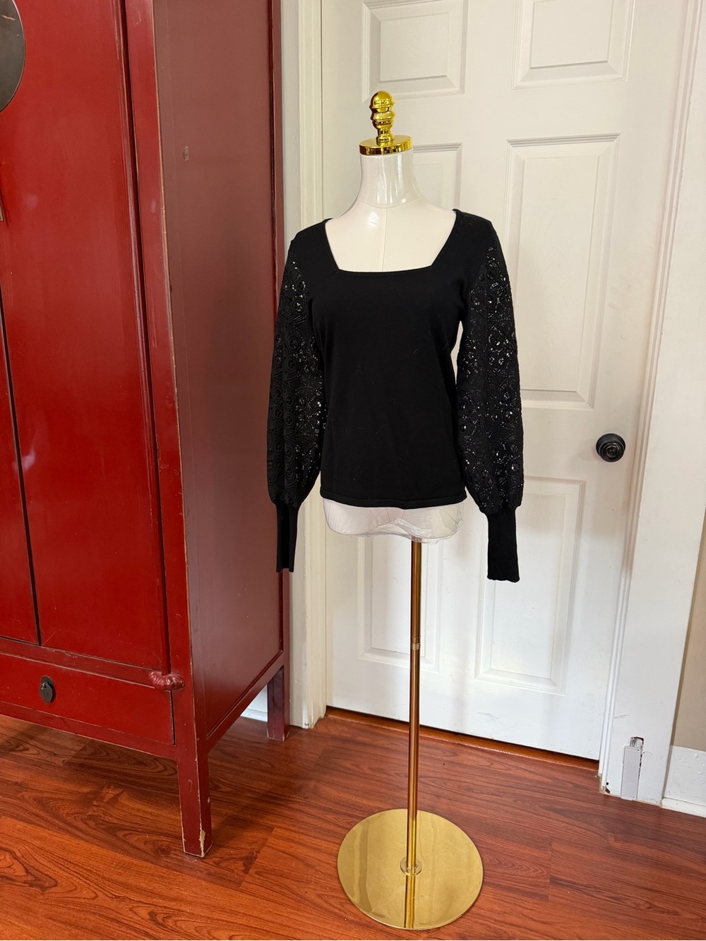 H by Halston Black Square Neck Sweater with Lace Balloon Sleeves
